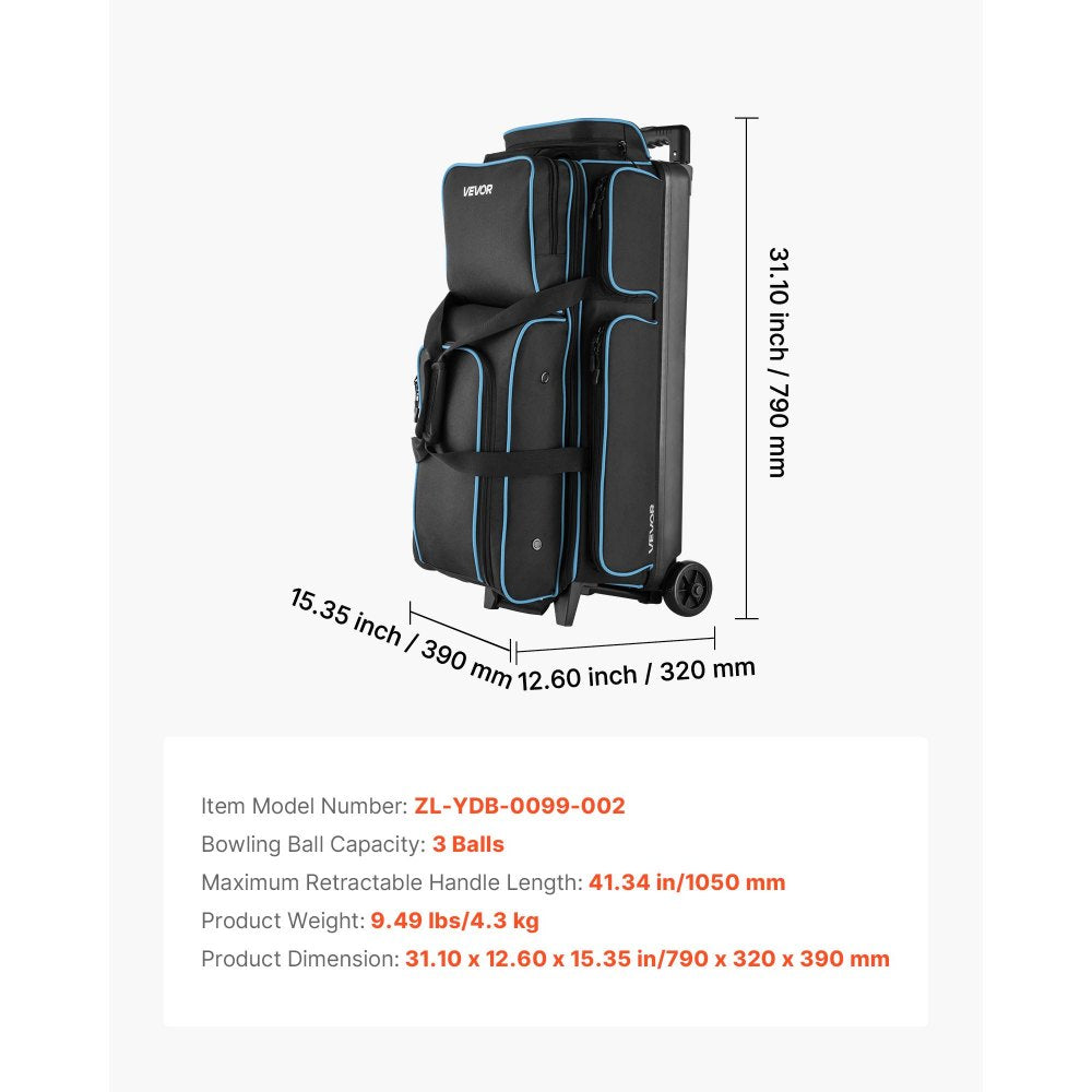 VEVOR 3 Ball Bowling Bag with Wheels Double Roller Bowling Bag Shoe Compartment