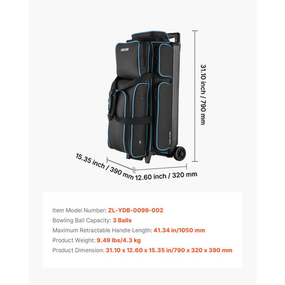 VEVOR 3 Ball Bowling Bag with Wheels Double Roller Bowling Bag Shoe Compartment