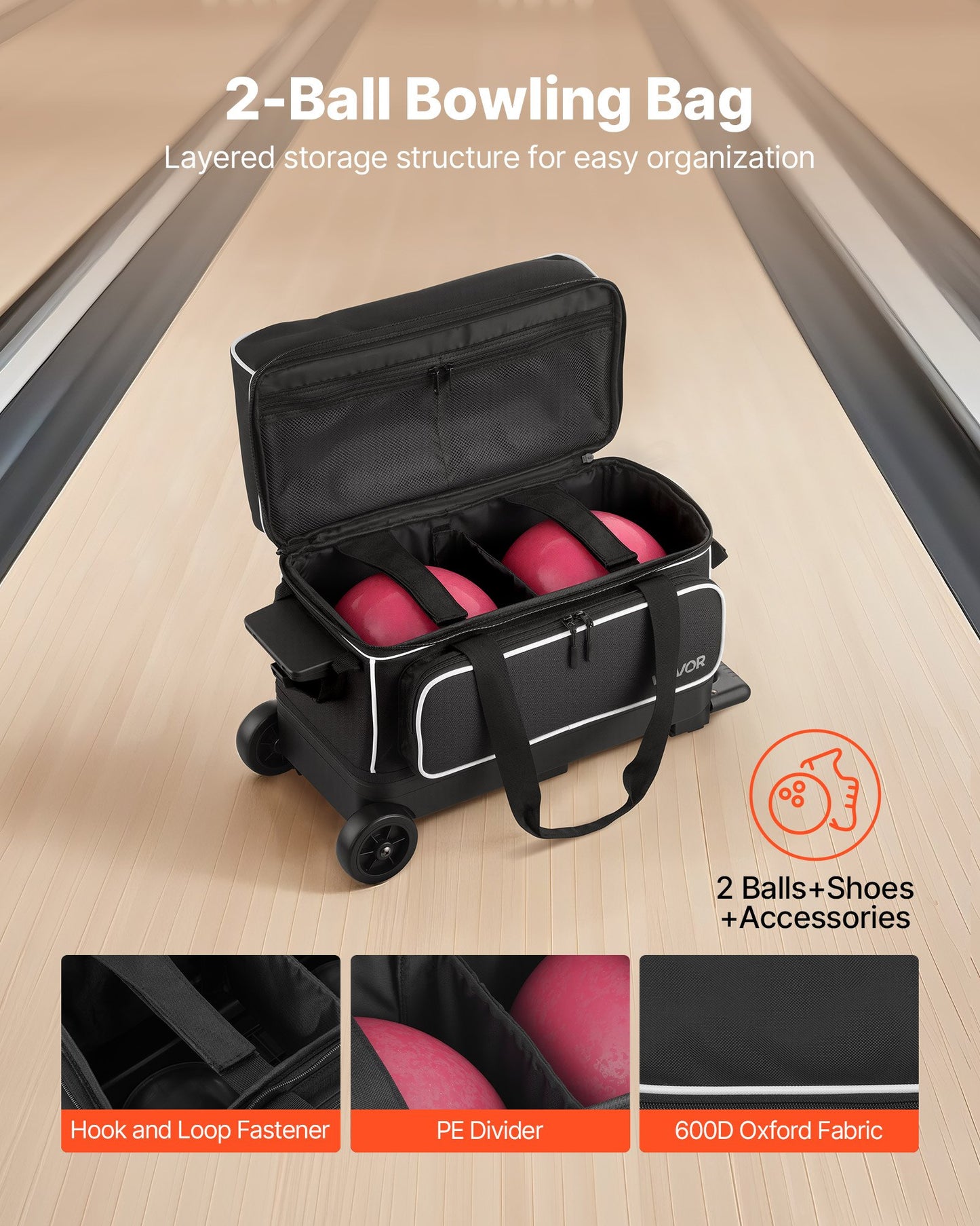 Bowling Ball Bag, 2 Ball Double Roller Bowling Bag with Wheels, Featuring a Separate Compartment for Shoes (Up To US Size 16) & Oversized Accessory Pocket, Retractable Handle Extends to 1050 mm