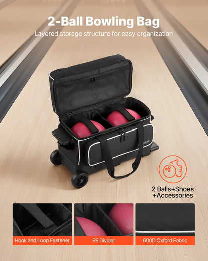 Bowling Ball Bag, 2 Ball Double Roller Bowling Bag with Wheels, Featuring a Separate Compartment for Shoes (Up To US Size 16) & Oversized Accessory Pocket, Retractable Handle Extends to 1050 mm