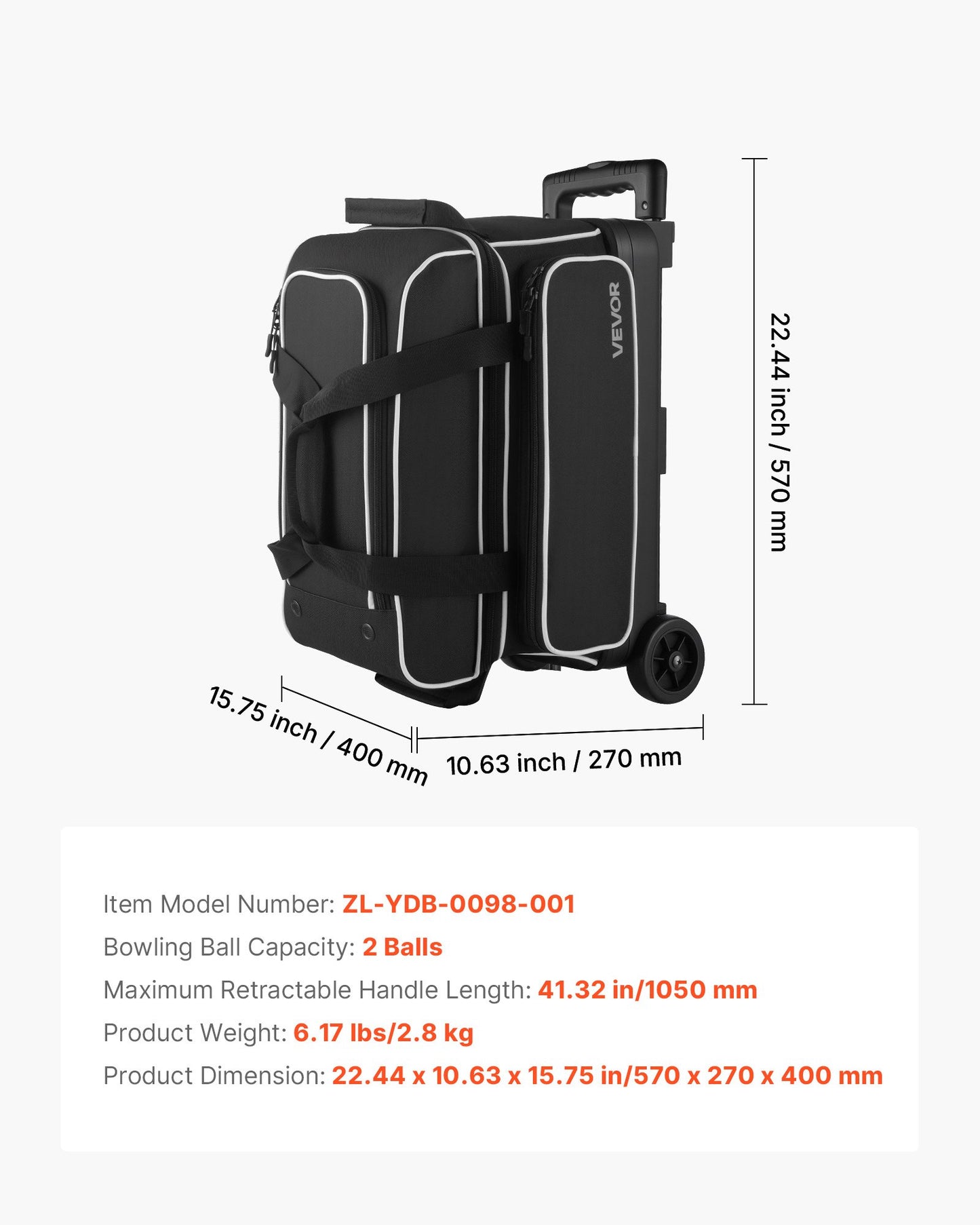 Bowling Ball Bag, 2 Ball Double Roller Bowling Bag with Wheels, Featuring a Separate Compartment for Shoes (Up To US Size 16) & Oversized Accessory Pocket, Retractable Handle Extends to 1050 mm