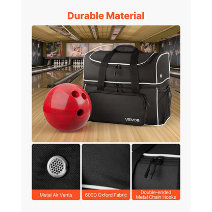 VEVOR 2 Ball Bowling Bag with Wheels Four Roller Bowling Bag Shoe Compartment
