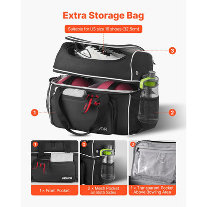 VEVOR 2 Ball Bowling Bag with Wheels Four Roller Bowling Bag Shoe Compartment