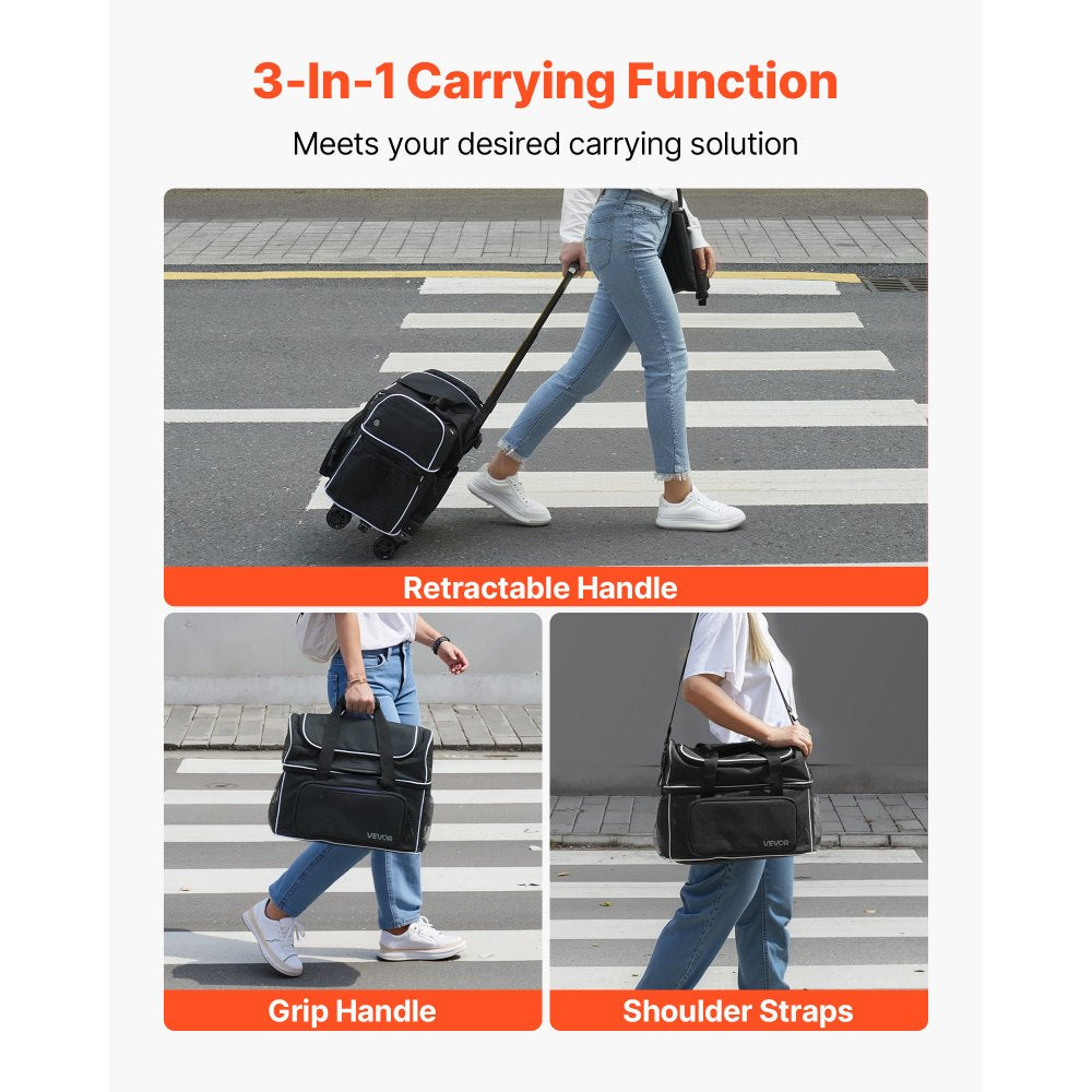 VEVOR 2 Ball Bowling Bag with Wheels Four Roller Bowling Bag Shoe Compartment