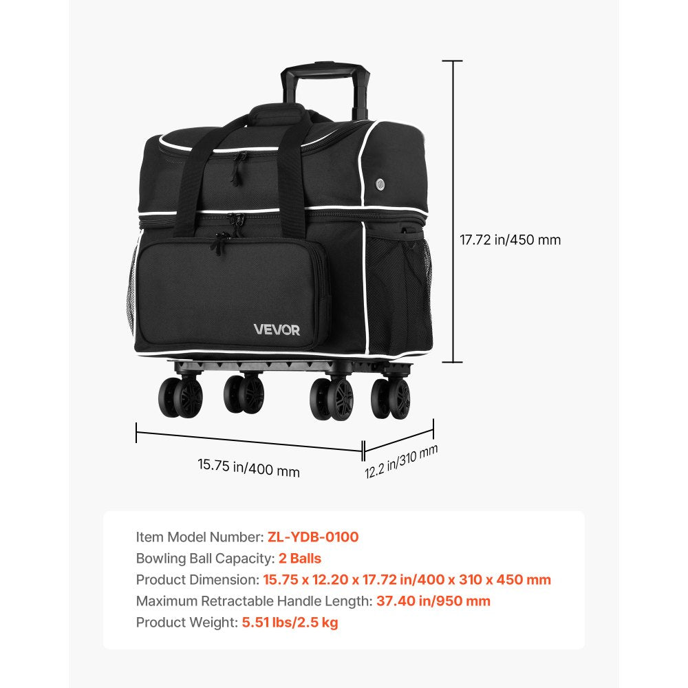 VEVOR 2 Ball Bowling Bag with Wheels Four Roller Bowling Bag Shoe Compartment