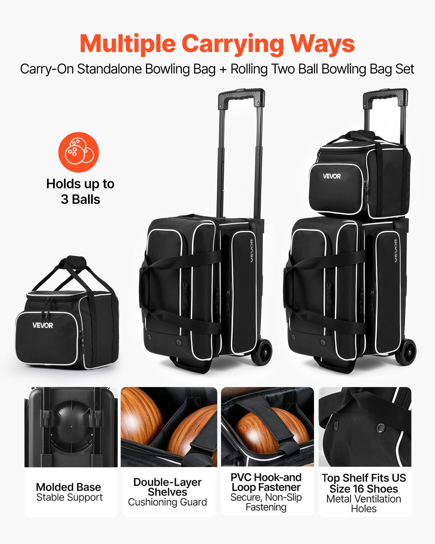 3 Ball Bowling Bag Double Roller Bag with Separate Shoe Compartment, for Bowling Shoes (Up To US Men Size 16), Rolling Ball Bag w/ Wheel, Accessory Pocket, Retractable Handle Extends to 40 in