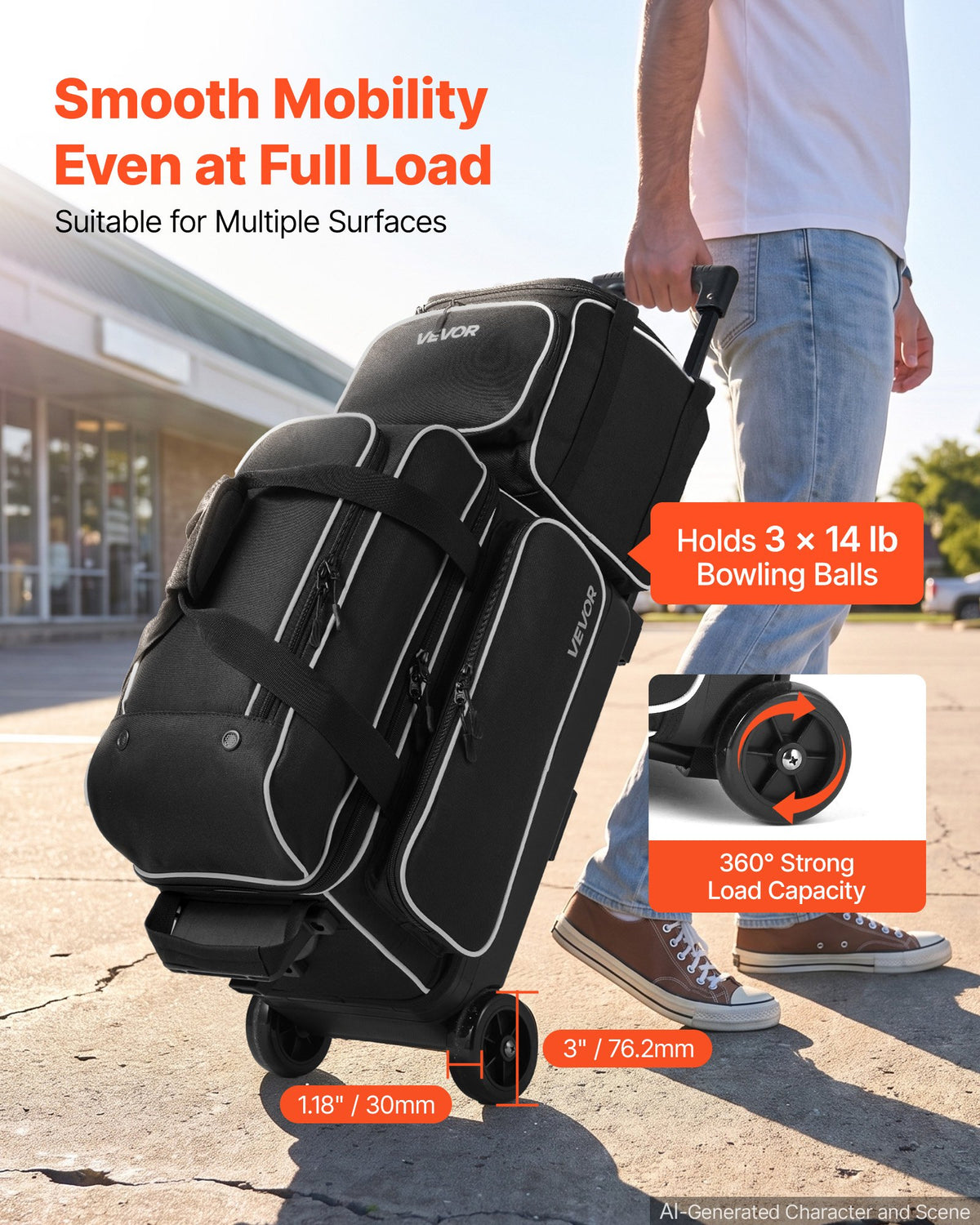 3 Ball Bowling Bag Double Roller Bag with Separate Shoe Compartment, for Bowling Shoes (Up To US Men Size 16), Rolling Ball Bag w/ Wheel, Accessory Pocket, Retractable Handle Extends to 40 in