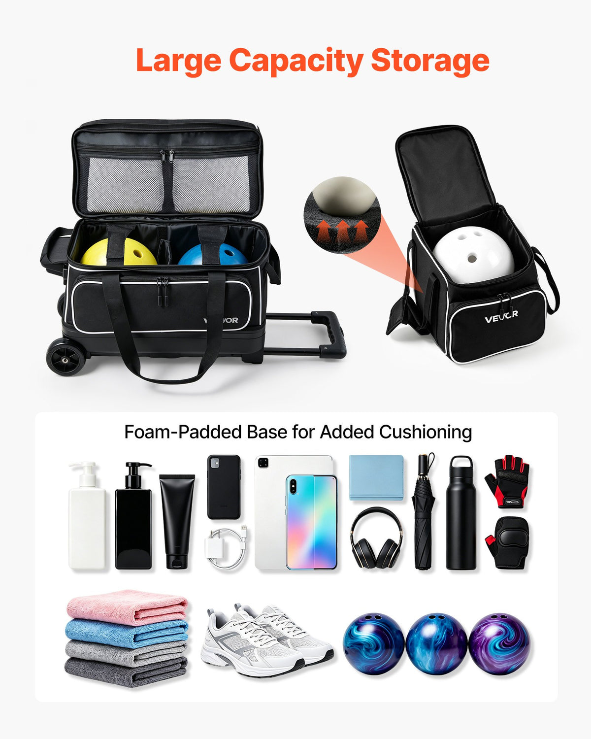 3 Ball Bowling Bag Double Roller Bag with Separate Shoe Compartment, for Bowling Shoes (Up To US Men Size 16), Rolling Ball Bag w/ Wheel, Accessory Pocket, Retractable Handle Extends to 40 in