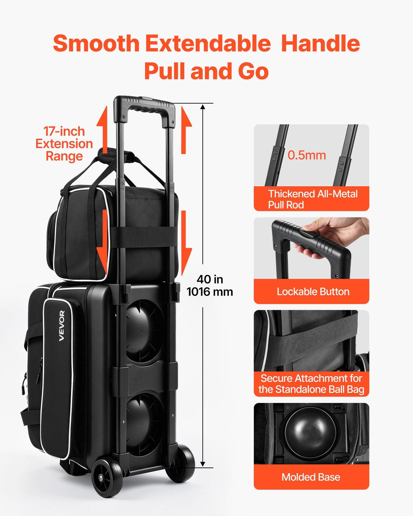 3 Ball Bowling Bag Double Roller Bag with Separate Shoe Compartment, for Bowling Shoes (Up To US Men Size 16), Rolling Ball Bag w/ Wheel, Accessory Pocket, Retractable Handle Extends to 40 in