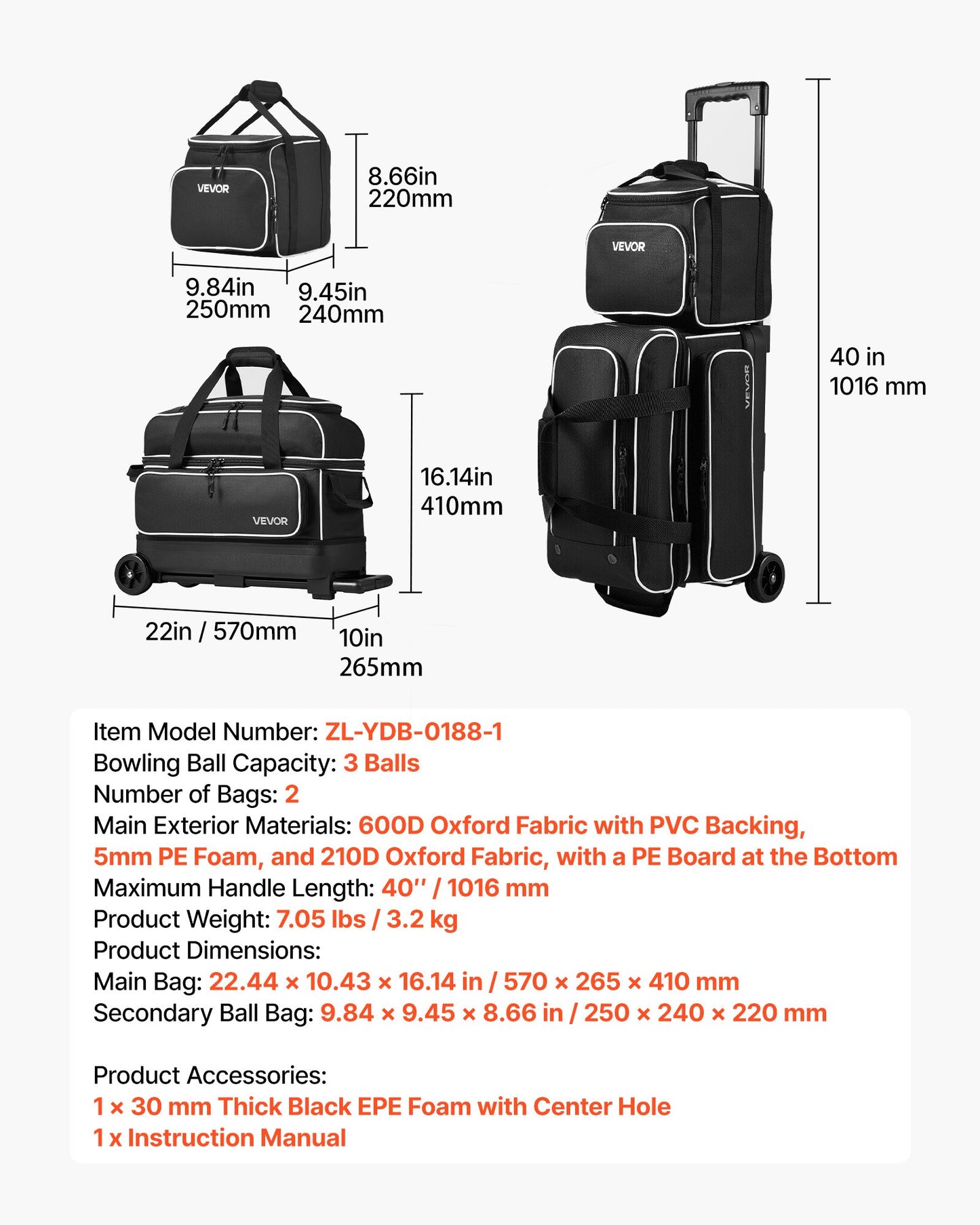 3 Ball Bowling Bag Double Roller Bag with Separate Shoe Compartment, for Bowling Shoes (Up To US Men Size 16), Rolling Ball Bag w/ Wheel, Accessory Pocket, Retractable Handle Extends to 40 in