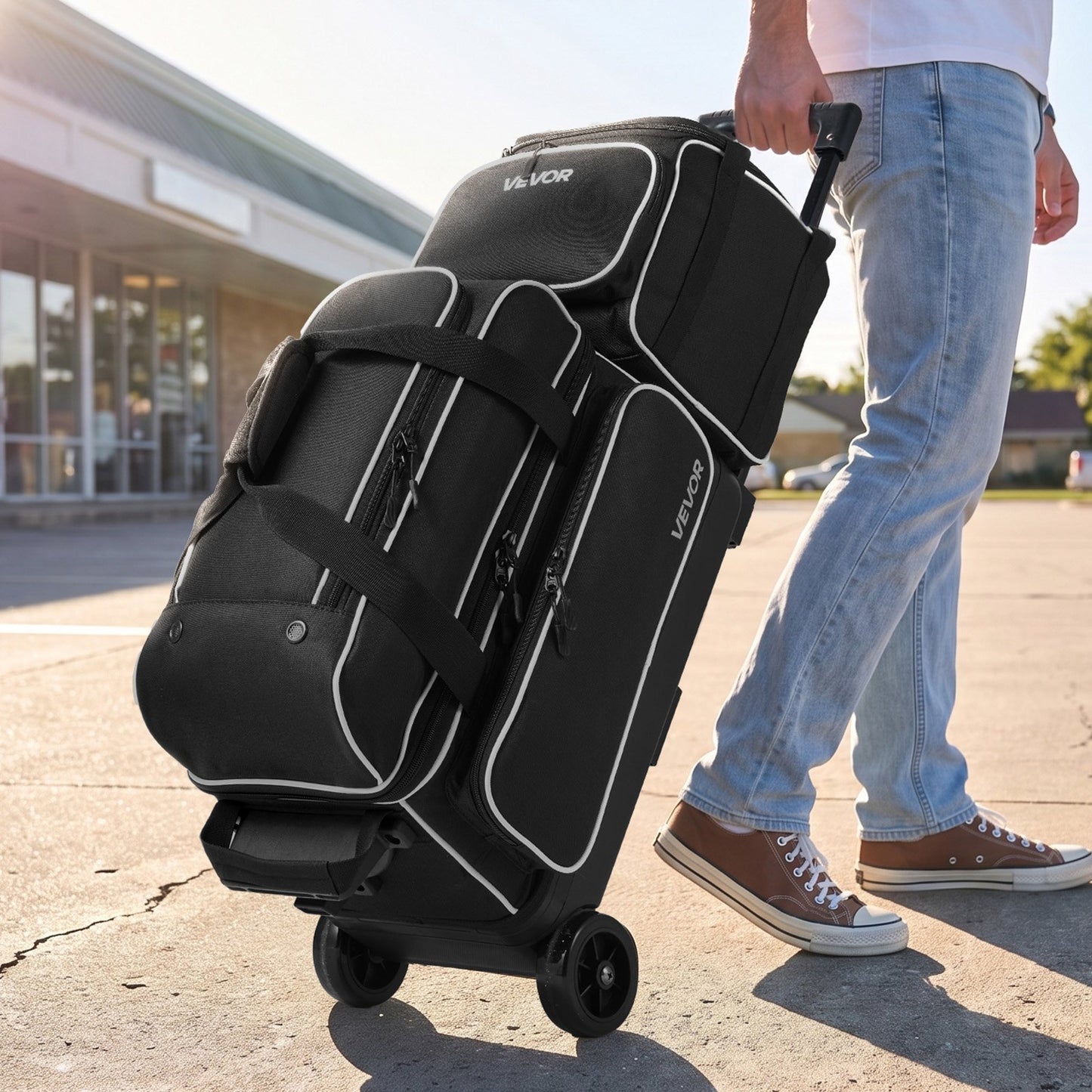 3 Ball Bowling Bag Double Roller Bag with Separate Shoe Compartment, for Bowling Shoes (Up To US Men Size 16), Rolling Ball Bag w/ Wheel, Accessory Pocket, Retractable Handle Extends to 40 in