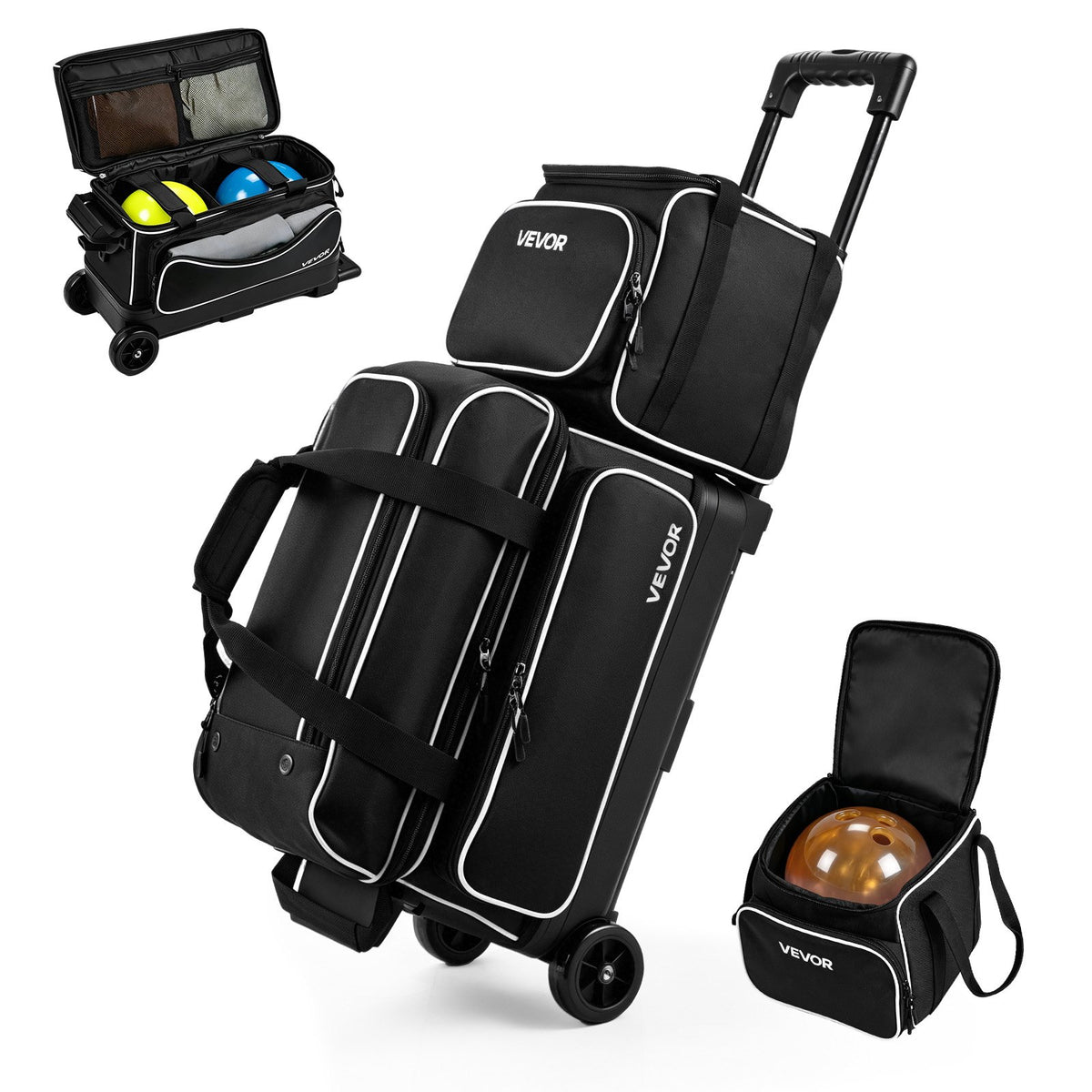 3 Ball Bowling Bag Double Roller Bag with Separate Shoe Compartment, for Bowling Shoes (Up To US Men Size 16), Rolling Ball Bag w/ Wheel, Accessory Pocket, Retractable Handle Extends to 40 in