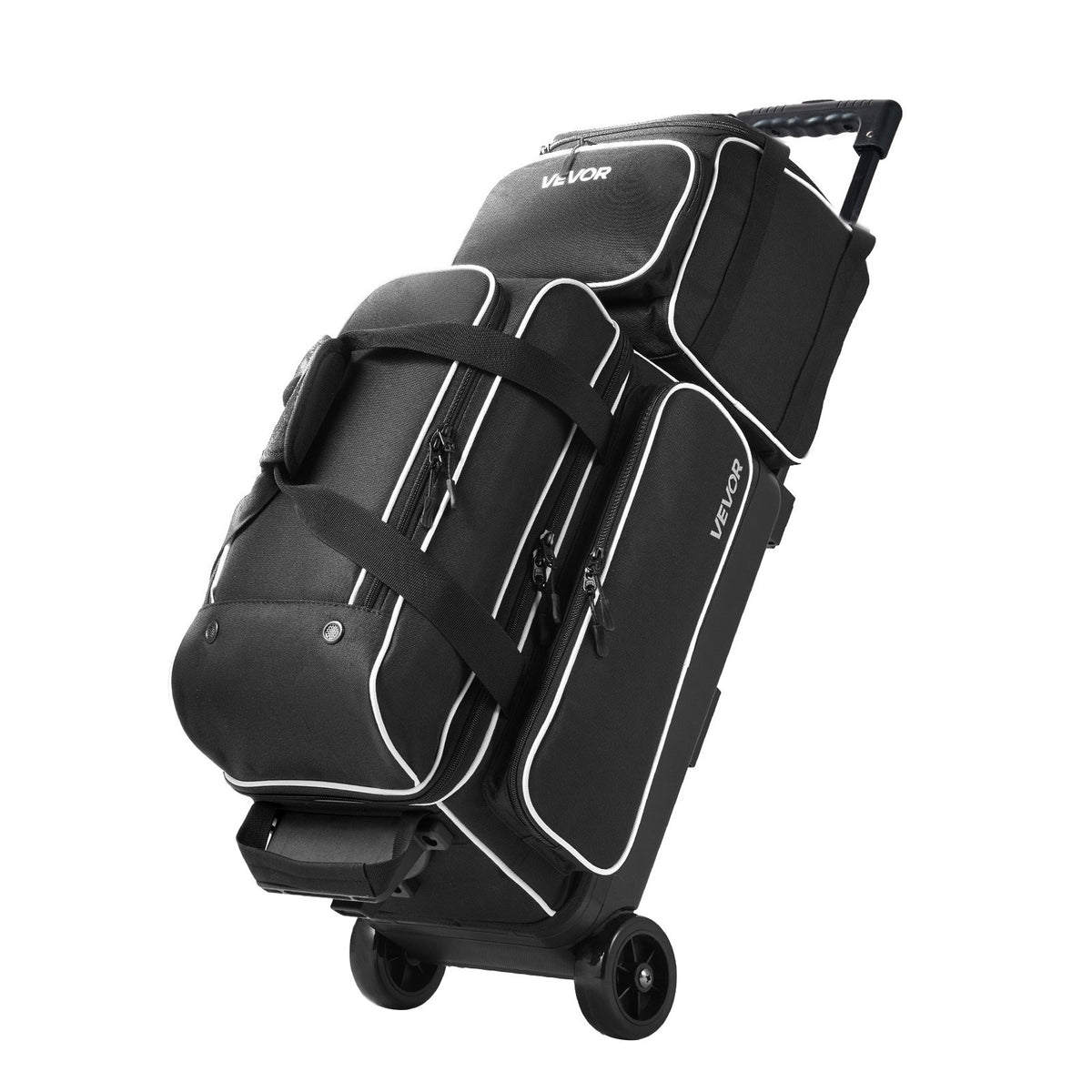 3 Ball Bowling Bag Double Roller Bag with Separate Shoe Compartment, for Bowling Shoes (Up To US Men Size 16), Rolling Ball Bag w/ Wheel, Accessory Pocket, Retractable Handle Extends to 40 in