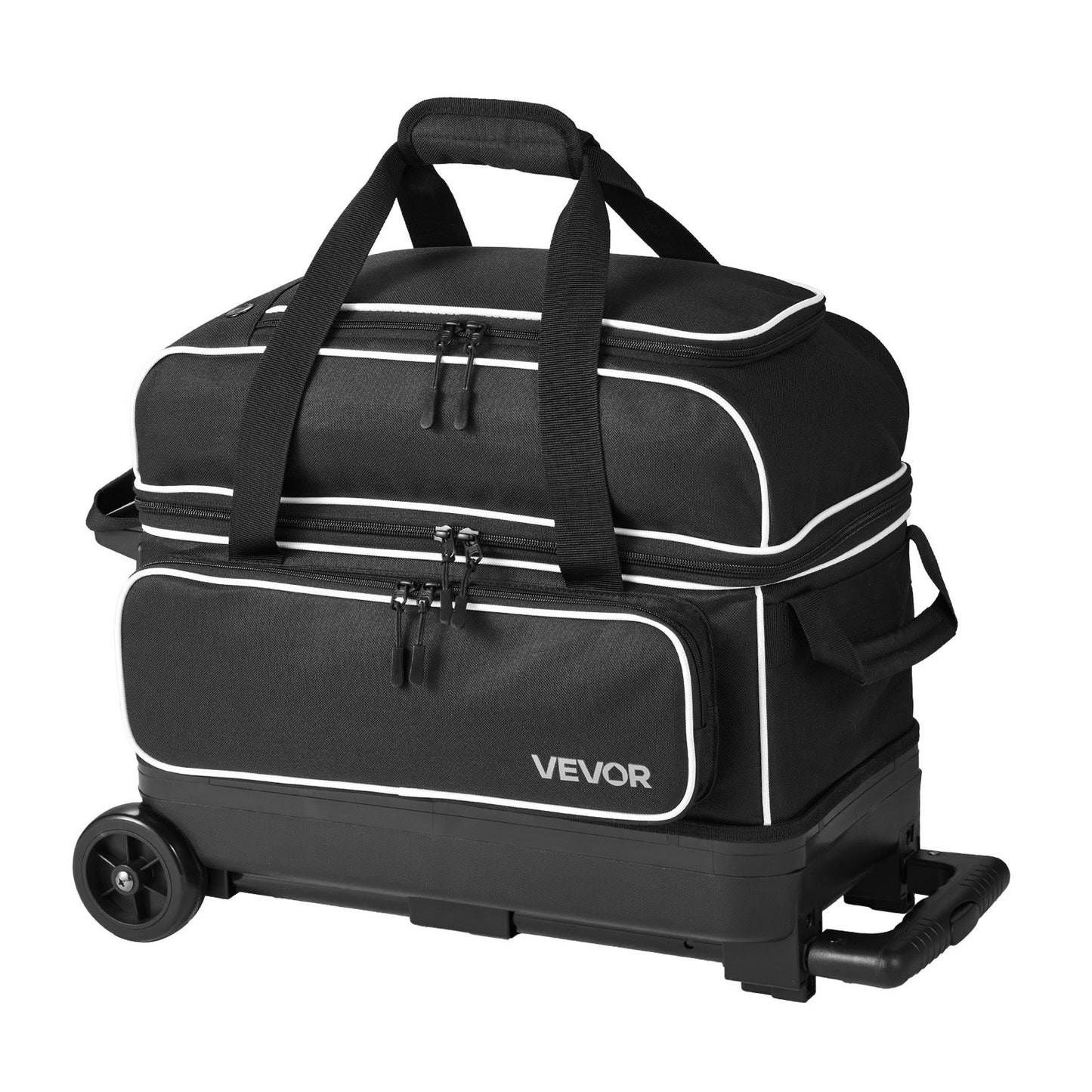 3 Ball Bowling Bag Double Roller Bag with Separate Shoe Compartment, for Bowling Shoes (Up To US Men Size 16), Rolling Ball Bag w/ Wheel, Accessory Pocket, Retractable Handle Extends to 40 in