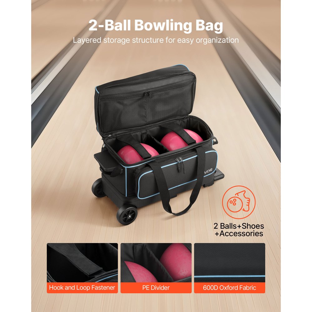 VEVOR 2 Ball Bowling Bag with Wheels Double Roller Bowling Bag Shoe Compartment