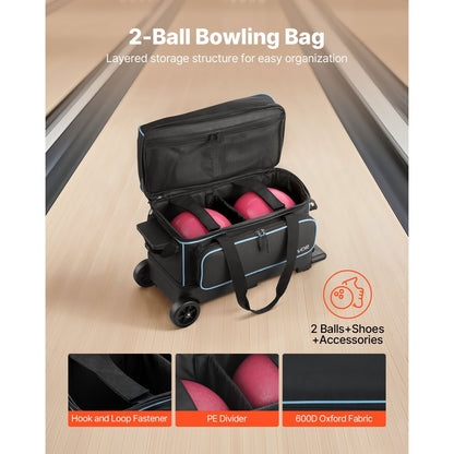VEVOR 2 Ball Bowling Bag with Wheels Double Roller Bowling Bag Shoe Compartment