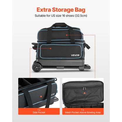 VEVOR 2 Ball Bowling Bag with Wheels Double Roller Bowling Bag Shoe Compartment