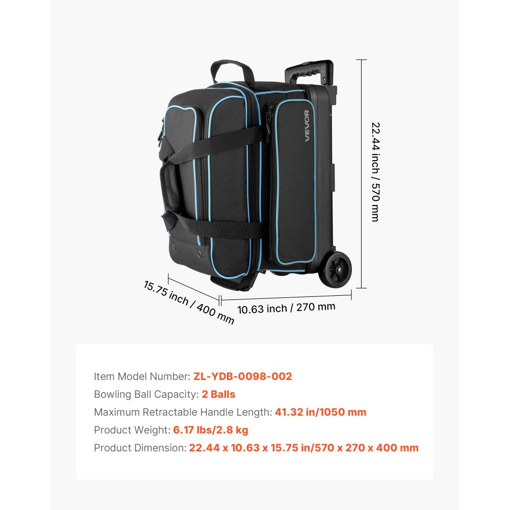 VEVOR 2 Ball Bowling Bag with Wheels Double Roller Bowling Bag Shoe Compartment
