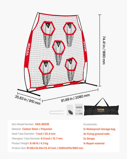 1828.8x1828.8mm Football Trainer Throwing Net, Training Throwing Target Practice Net with 5 Target Pockets, Knotless Net Includes Straps and Portable Carry Case, Improve QB Throwing Accuracy,Red