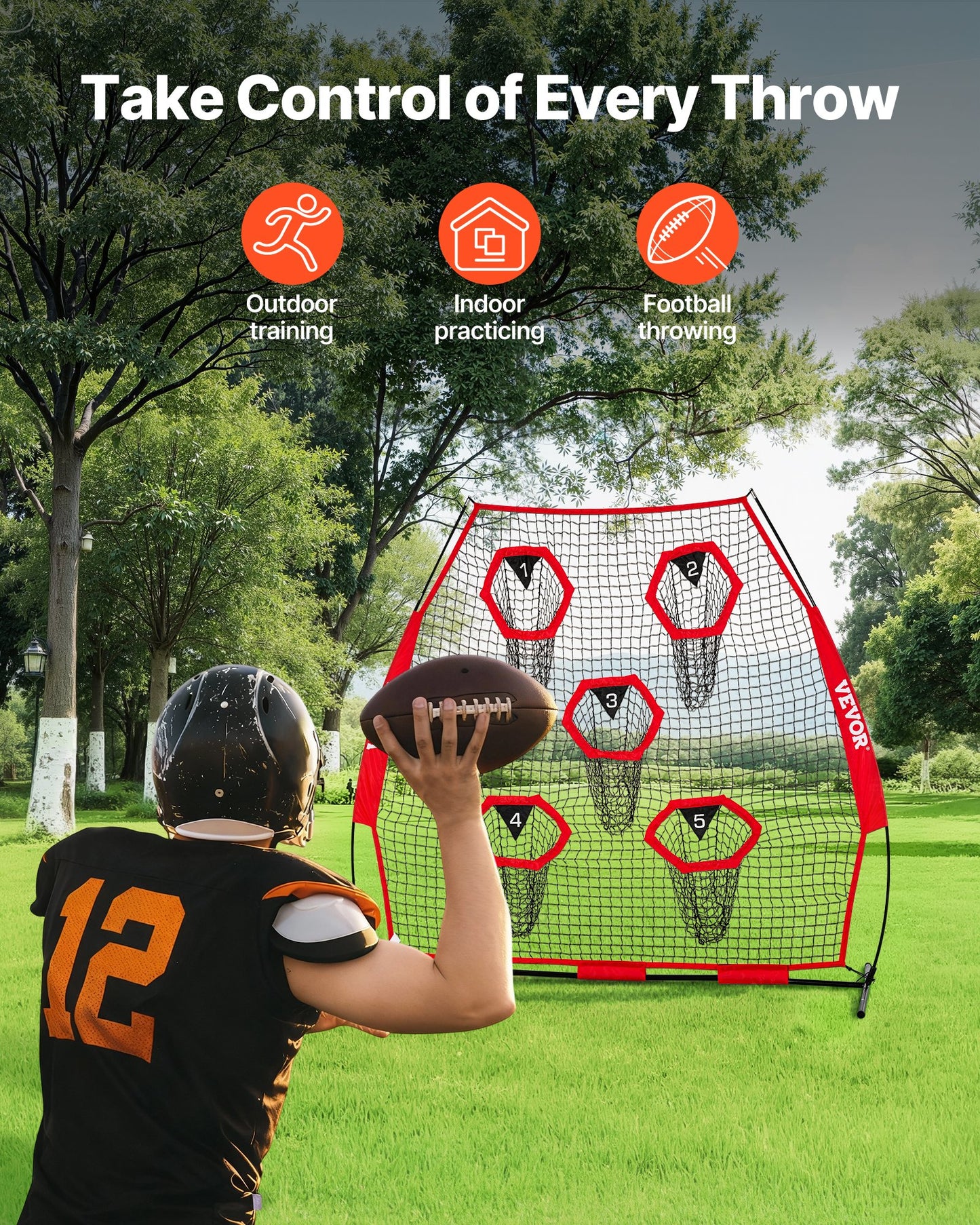 2133.6 x 2133.6mm Football Trainer Throwing Net, Training Throwing Target Practice Net with 5 Target Pockets, Knotless Net Includes Straps and Portable Carry Case, Improve QB Throwing Accuracy