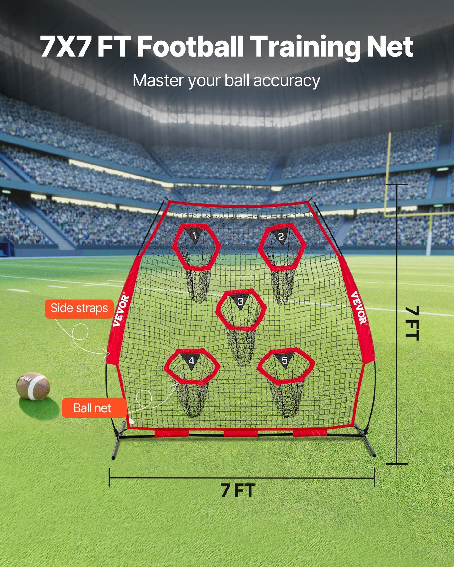 2133.6 x 2133.6mm Football Trainer Throwing Net, Training Throwing Target Practice Net with 5 Target Pockets, Knotless Net Includes Straps and Portable Carry Case, Improve QB Throwing Accuracy