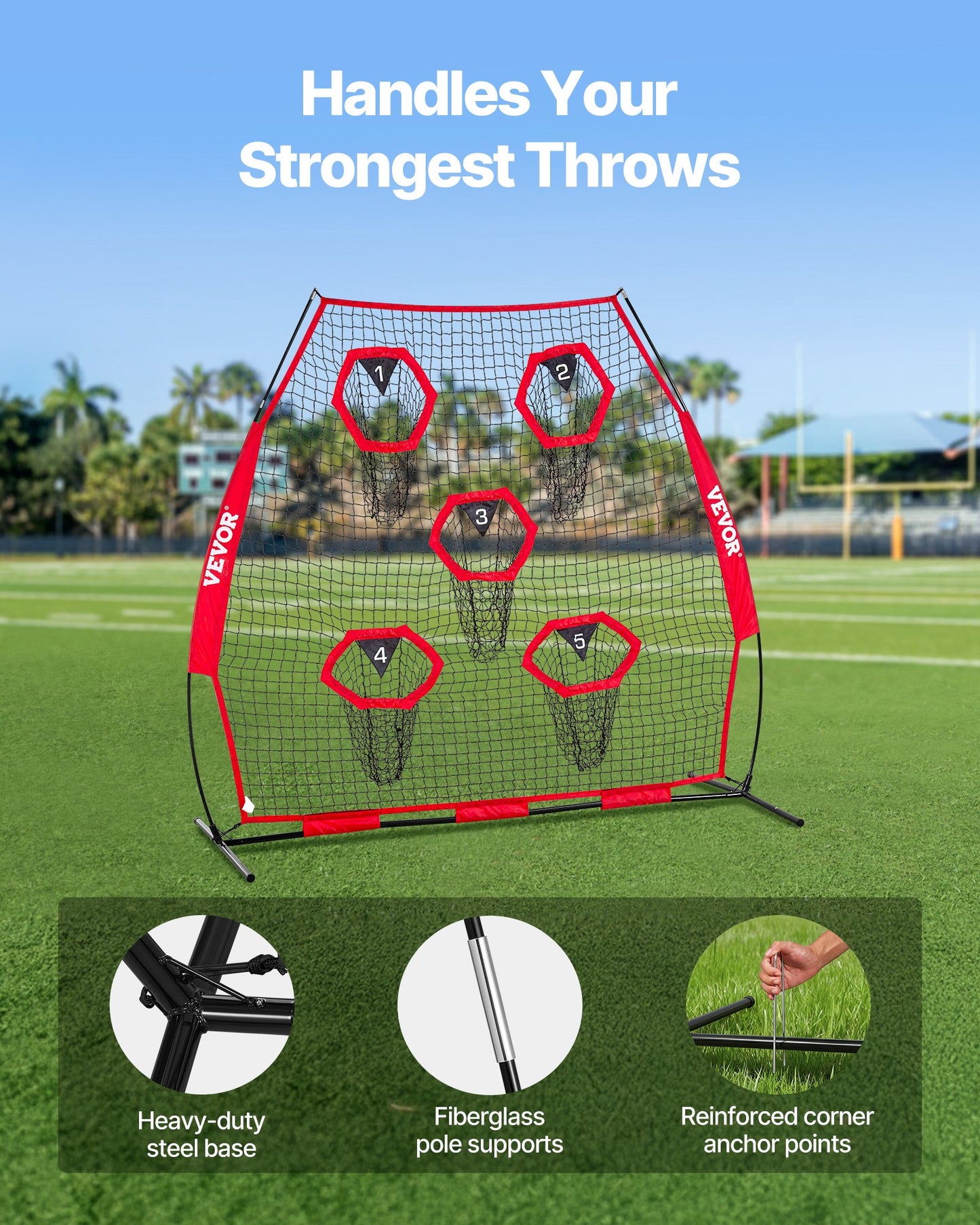 2133.6 x 2133.6mm Football Trainer Throwing Net, Training Throwing Target Practice Net with 5 Target Pockets, Knotless Net Includes Straps and Portable Carry Case, Improve QB Throwing Accuracy