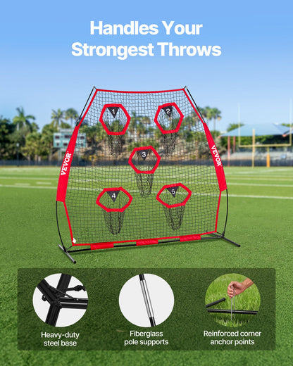 2133.6 x 2133.6mm Football Trainer Throwing Net, Training Throwing Target Practice Net with 5 Target Pockets, Knotless Net Includes Straps and Portable Carry Case, Improve QB Throwing Accuracy