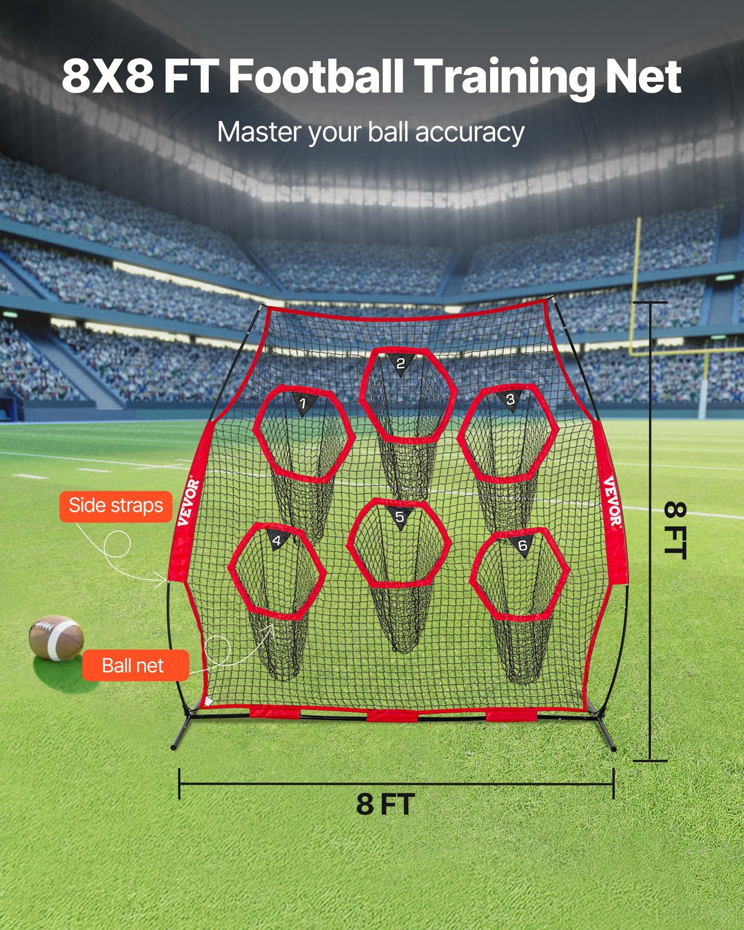 2438.4x2438.4mm Football Trainer Throwing Net, Training Throwing Target Practice Net with 6 Target Pockets, Knotless Net Includes Straps and Portable Carry Case, Improve QB Throwing Accuracy,Red