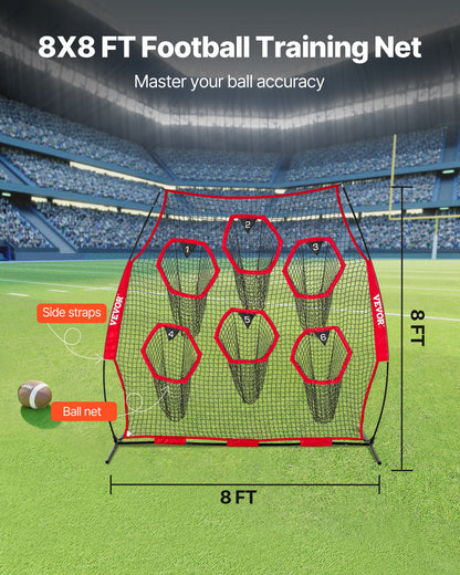 2438.4x2438.4mm Football Trainer Throwing Net, Training Throwing Target Practice Net with 6 Target Pockets, Knotless Net Includes Straps and Portable Carry Case, Improve QB Throwing Accuracy,Red