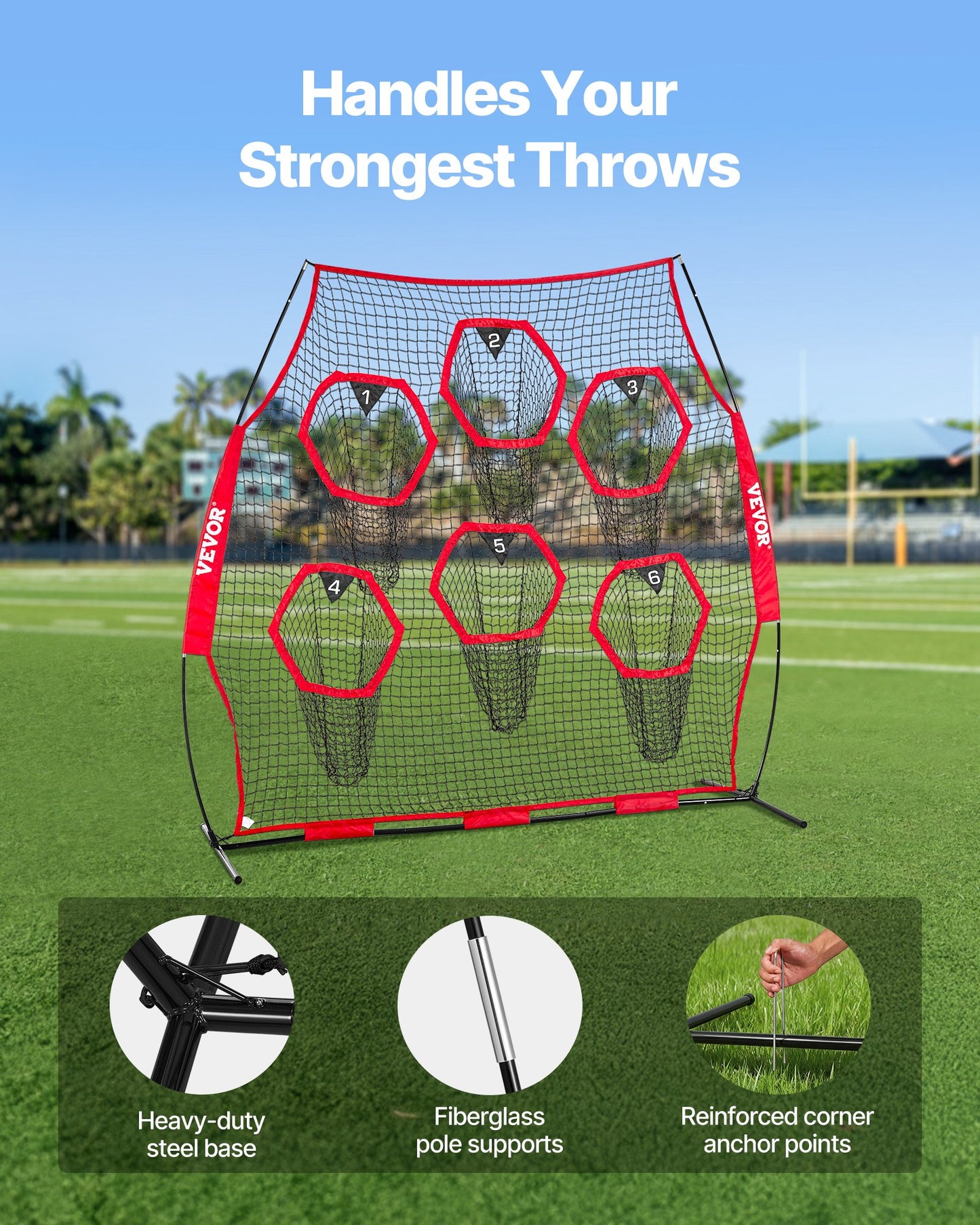 2438.4x2438.4mm Football Trainer Throwing Net, Training Throwing Target Practice Net with 6 Target Pockets, Knotless Net Includes Straps and Portable Carry Case, Improve QB Throwing Accuracy,Red