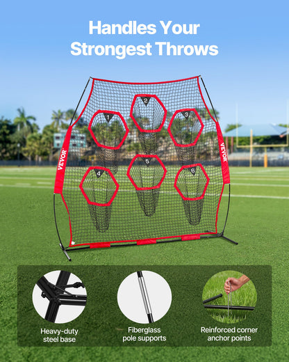 2438.4x2438.4mm Football Trainer Throwing Net, Training Throwing Target Practice Net with 6 Target Pockets, Knotless Net Includes Straps and Portable Carry Case, Improve QB Throwing Accuracy,Red