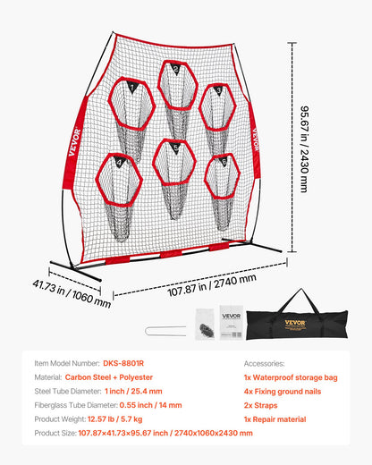 2438.4x2438.4mm Football Trainer Throwing Net, Training Throwing Target Practice Net with 6 Target Pockets, Knotless Net Includes Straps and Portable Carry Case, Improve QB Throwing Accuracy,Red
