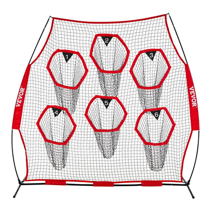 2438.4x2438.4mm Football Trainer Throwing Net, Training Throwing Target Practice Net with 6 Target Pockets, Knotless Net Includes Straps and Portable Carry Case, Improve QB Throwing Accuracy,Red