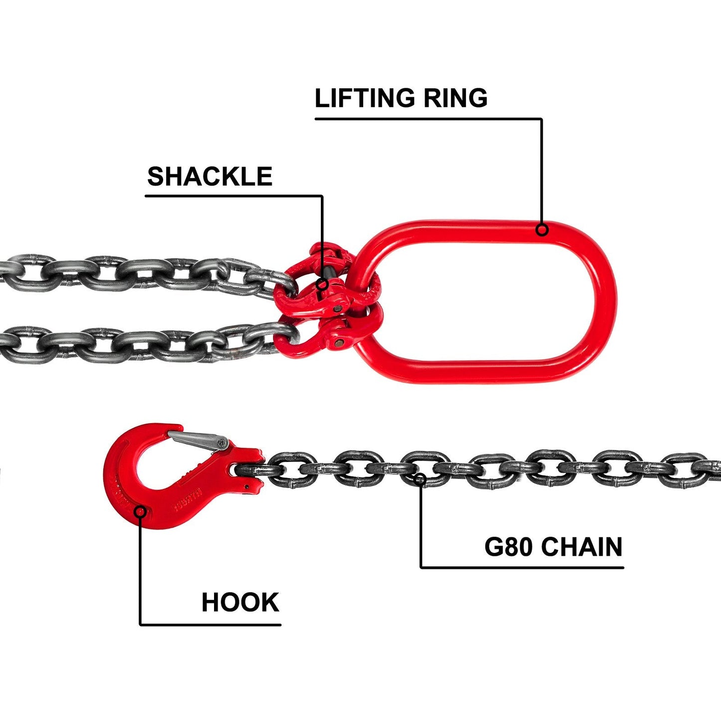 1.5 m Double Leg Chain Sling with Grab Hooks, 4 Ton Capacity, Grade 80 Steel