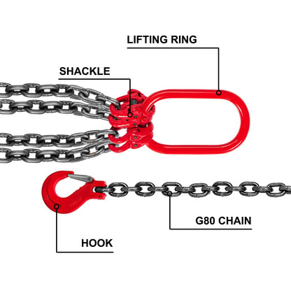 4-Leg 2M Lifting Hook Chain Sling, 4T Capacity, Heavy-Duty Alloy Steel