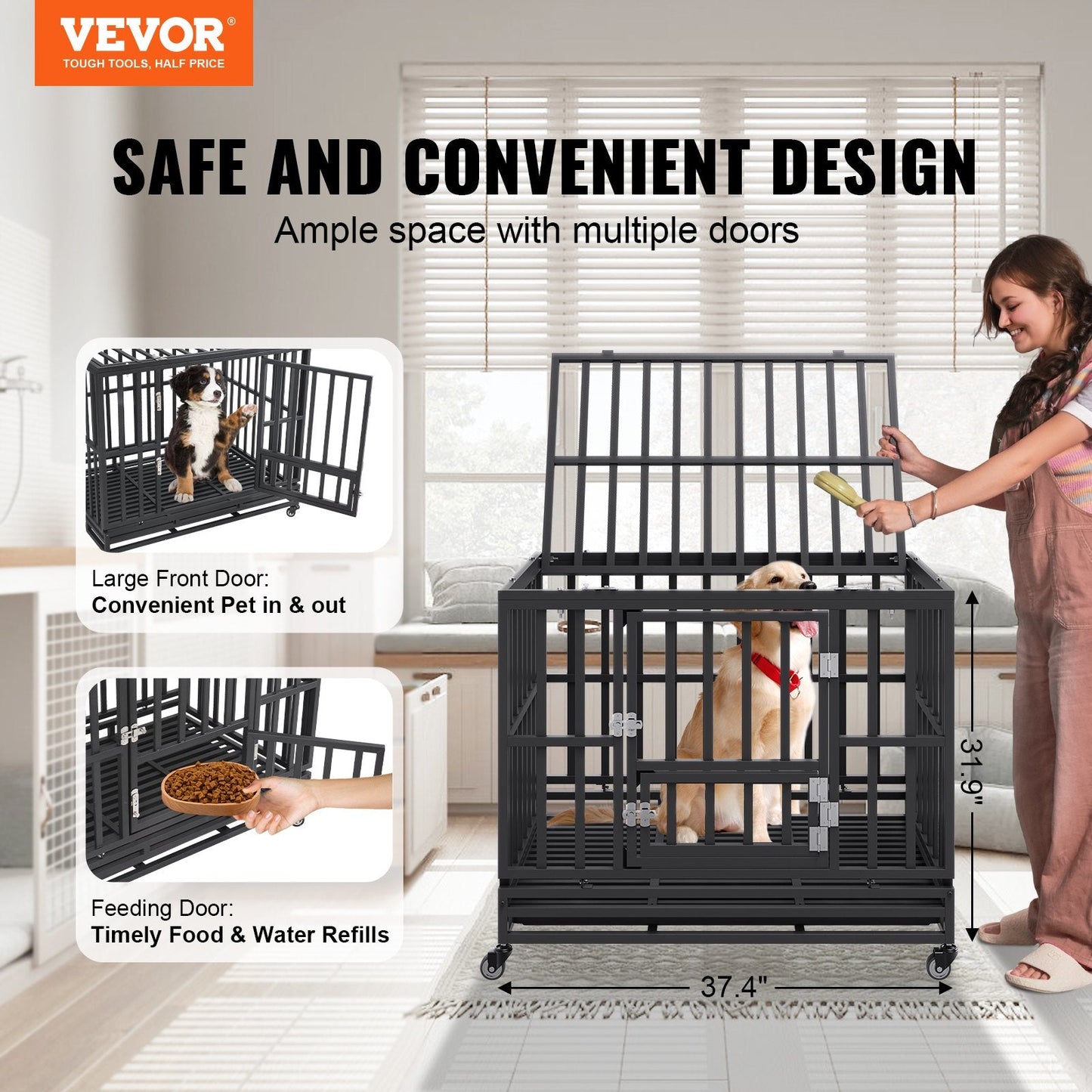Heavy Duty 0.95m Metal Dog Crate with Wheels and Removable Tray