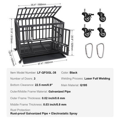 VEVOR Heavy Duty Dog Crate 38 in Metal Dog Kennel with Wheels and Removable Tray