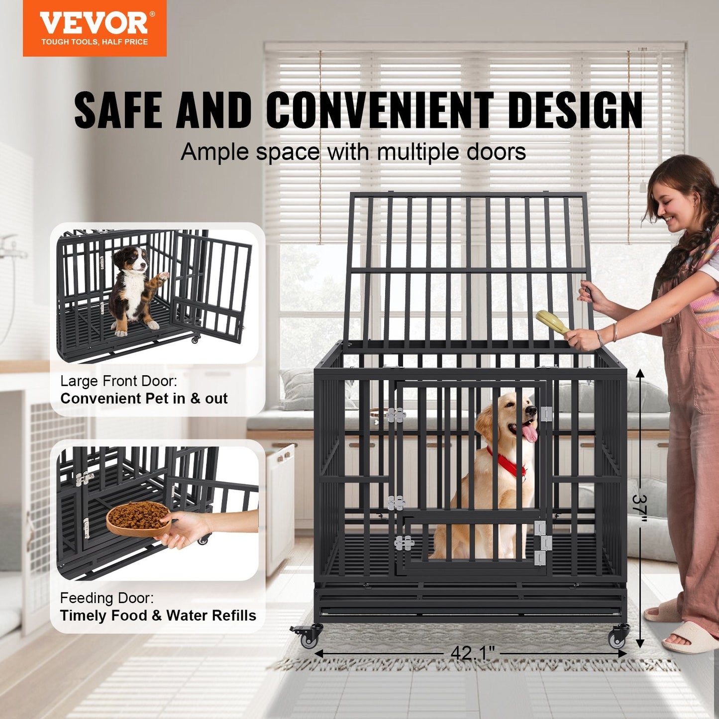 42" Heavy-Duty Dog Crate with Lockable Wheels & Tray, 3-Door Design, Black