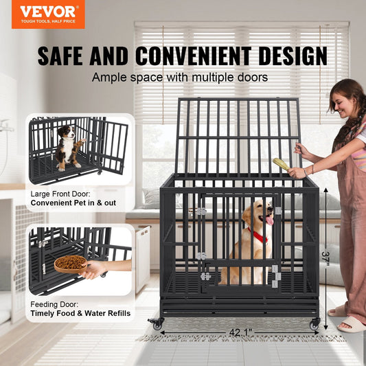 Three-door kennel includes top, front, and feeding doors for convenient pet access