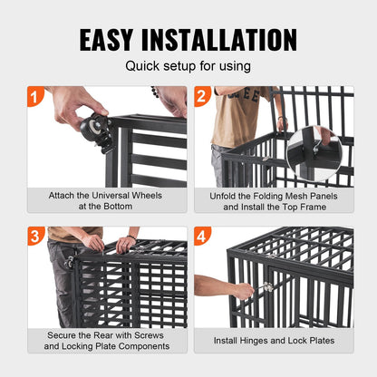 42" Heavy-Duty Dog Crate with Lockable Wheels & Tray, 3-Door Design, Black