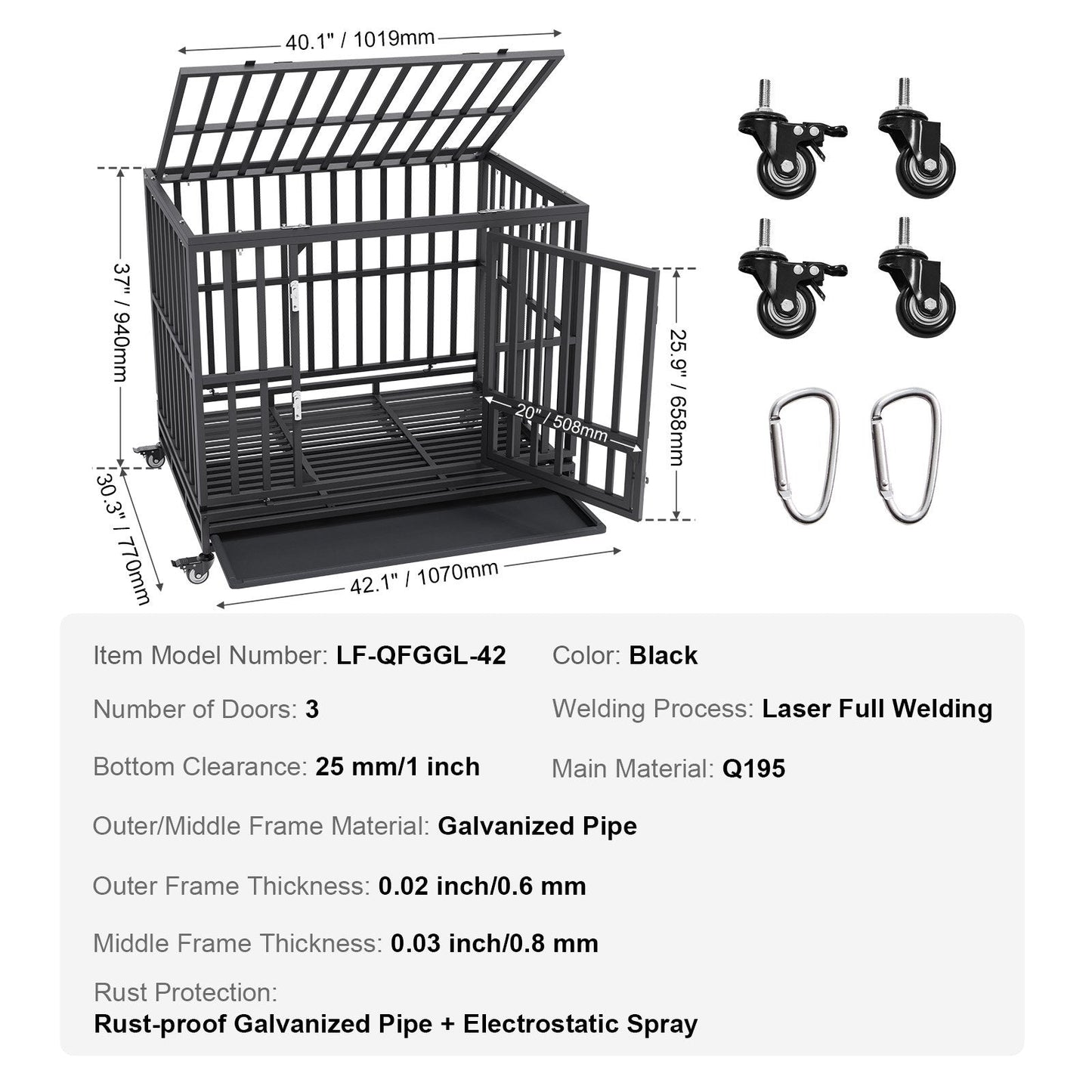 42" Heavy-Duty Dog Crate with Lockable Wheels & Tray, 3-Door Design, Black