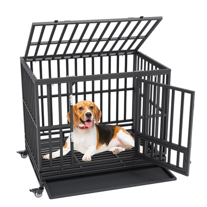 42" Heavy-Duty Dog Crate with Lockable Wheels & Tray, 3-Door Design, Black