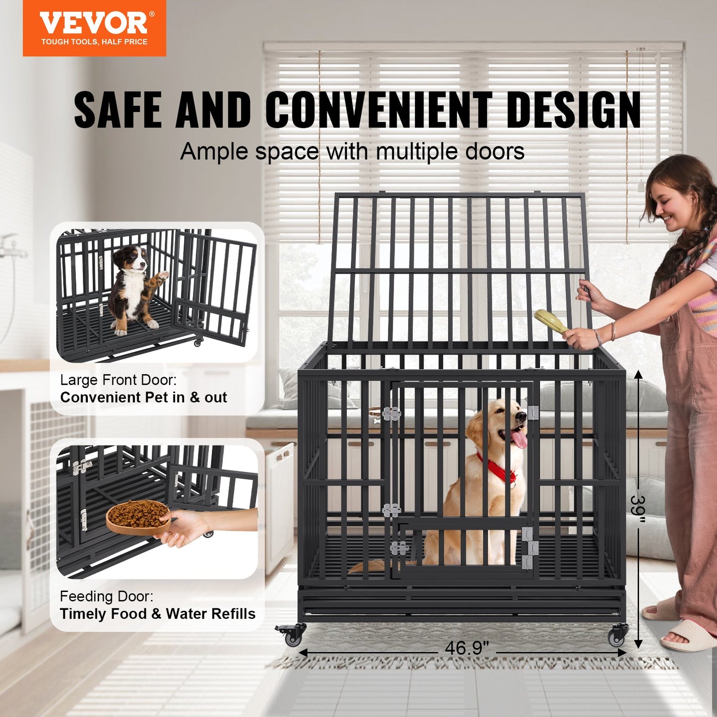 VEVOR 47 Inch Heavy Duty Dog Crate, Indestructible Dog Crate, 3-Door Heavy Duty