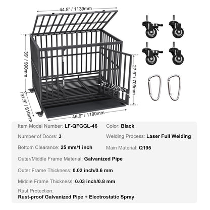 VEVOR 47 Inch Heavy Duty Dog Crate, Indestructible Dog Crate, 3-Door Heavy Duty