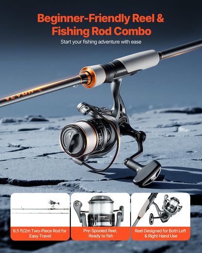 Rod and Fishing Reel Combo, IM6 Fiberglass & Carbon Fiber Spinning Rod and Reel Combo, Bass Fishing Pole with 2m Two-Piece Rods, 6+1 Ball Bearings, Stainless Steel Guides with Ceramic Rings