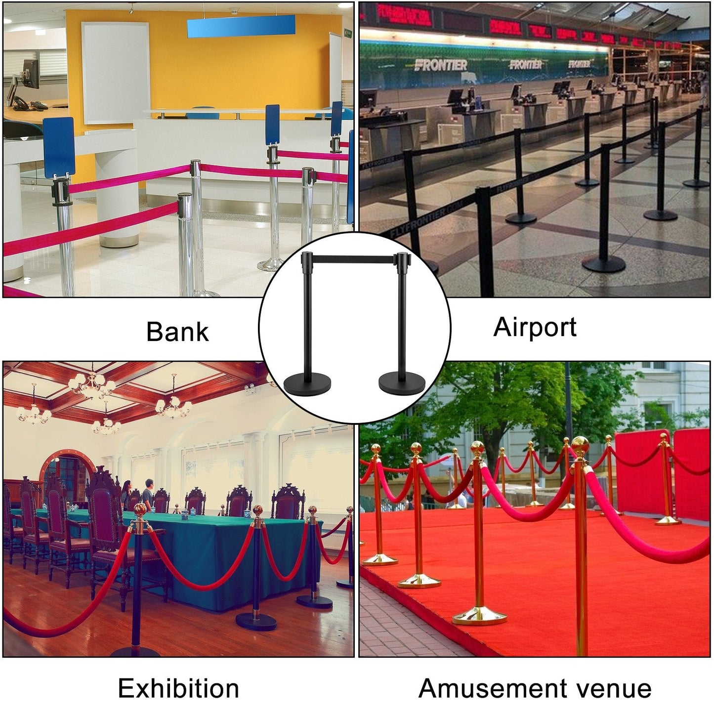 8-Piece Crowd Control Stanchion Set with 2 m Retractable Black Belt