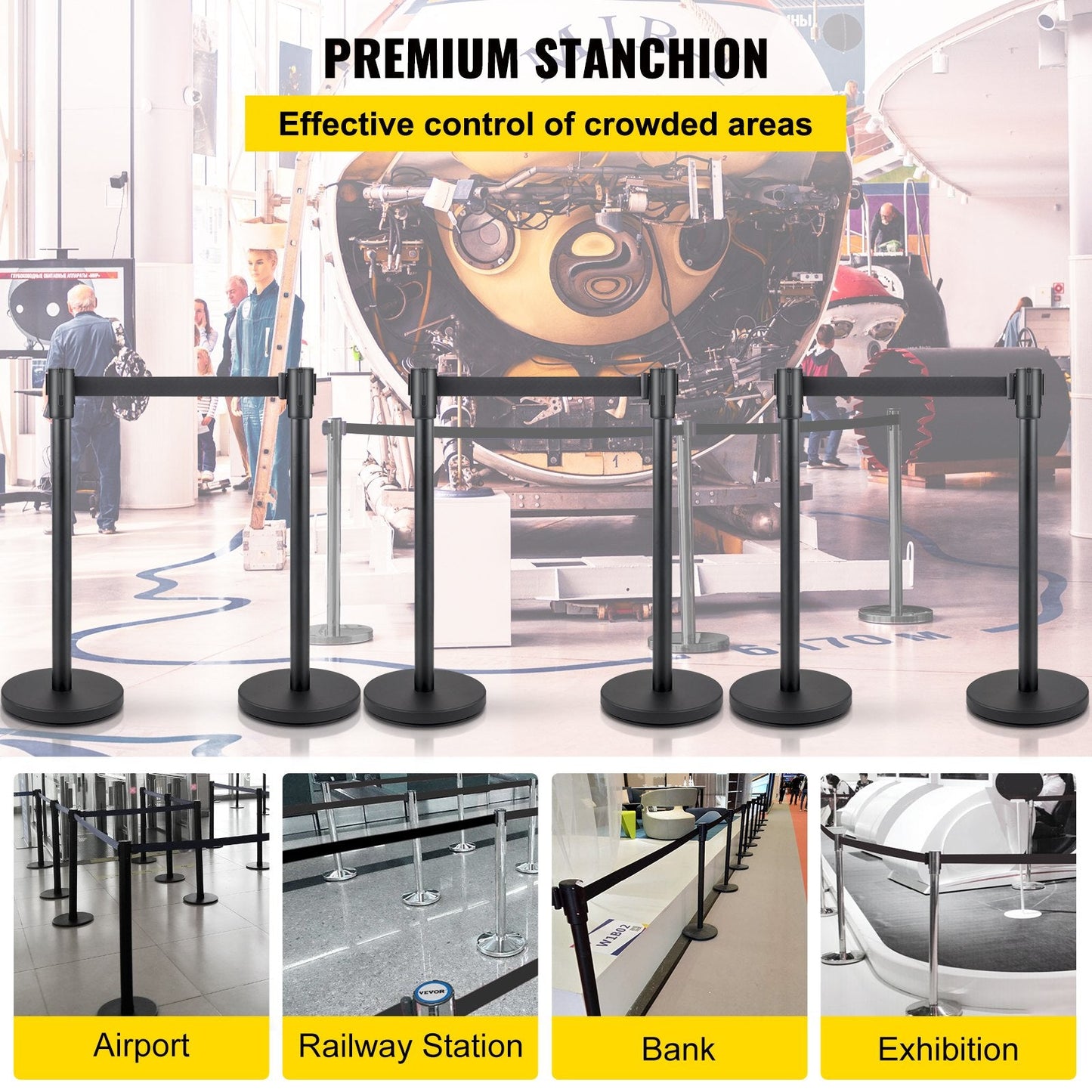 6-Piece Crowd Control Stanchion Set with 2m Black Retractable Belt