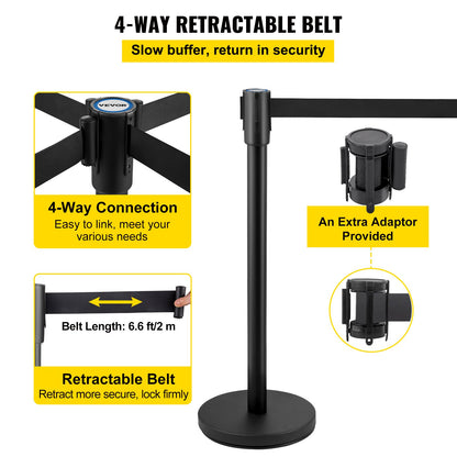 VEVOR Crowd Control Stanchion Stanchion Set 6Pcs w/ 2 m Black Retractable Belt