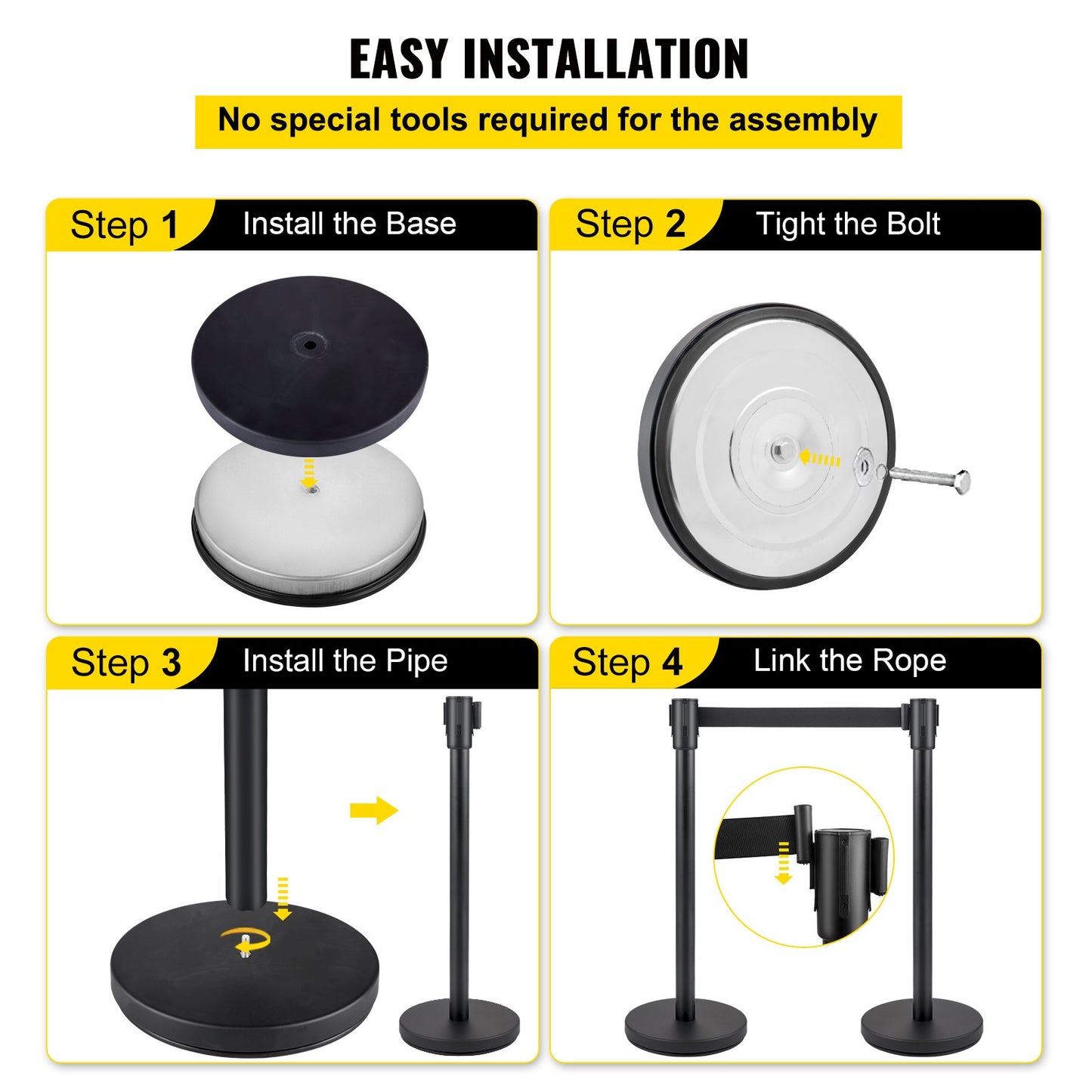 VEVOR Crowd Control Stanchion Stanchion Set 6Pcs w/ 2 m Black Retractable Belt