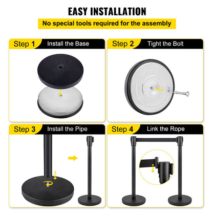 VEVOR Crowd Control Stanchion Stanchion Set 6Pcs w/ 2 m Black Retractable Belt